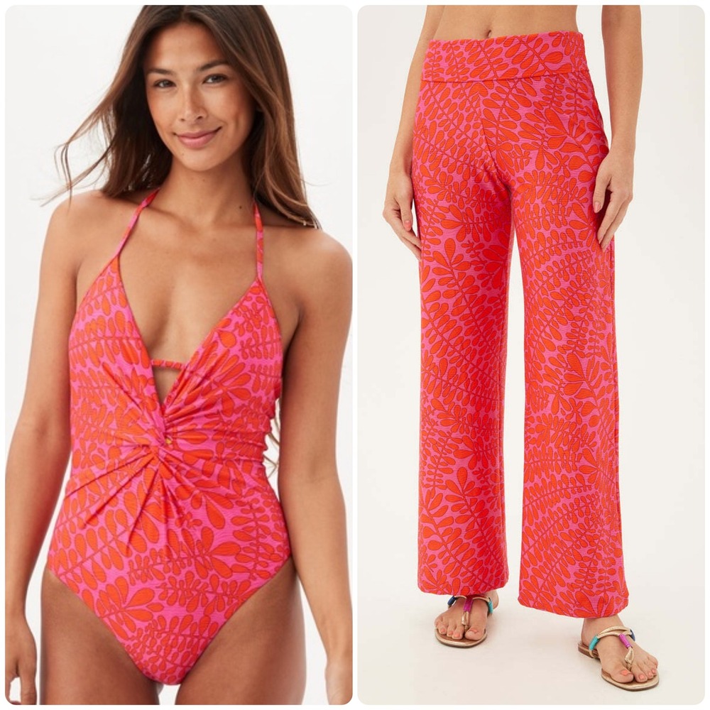 Trina Turk One Piece Swimsuit and Swim Cover Up Pants Trellis Pink Orange Large